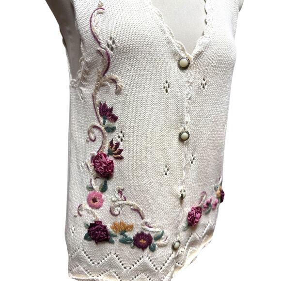 Vintage Capacity Floral Pearl Sweater Vest Off-White Petite Large - Picture 2 of 8
